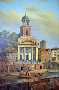 809975 Gezicht op de westzijde van de Oudegracht Weerdzijde te Utrecht met de St.-Augustinuskerk (Oudegracht 69) en op ...